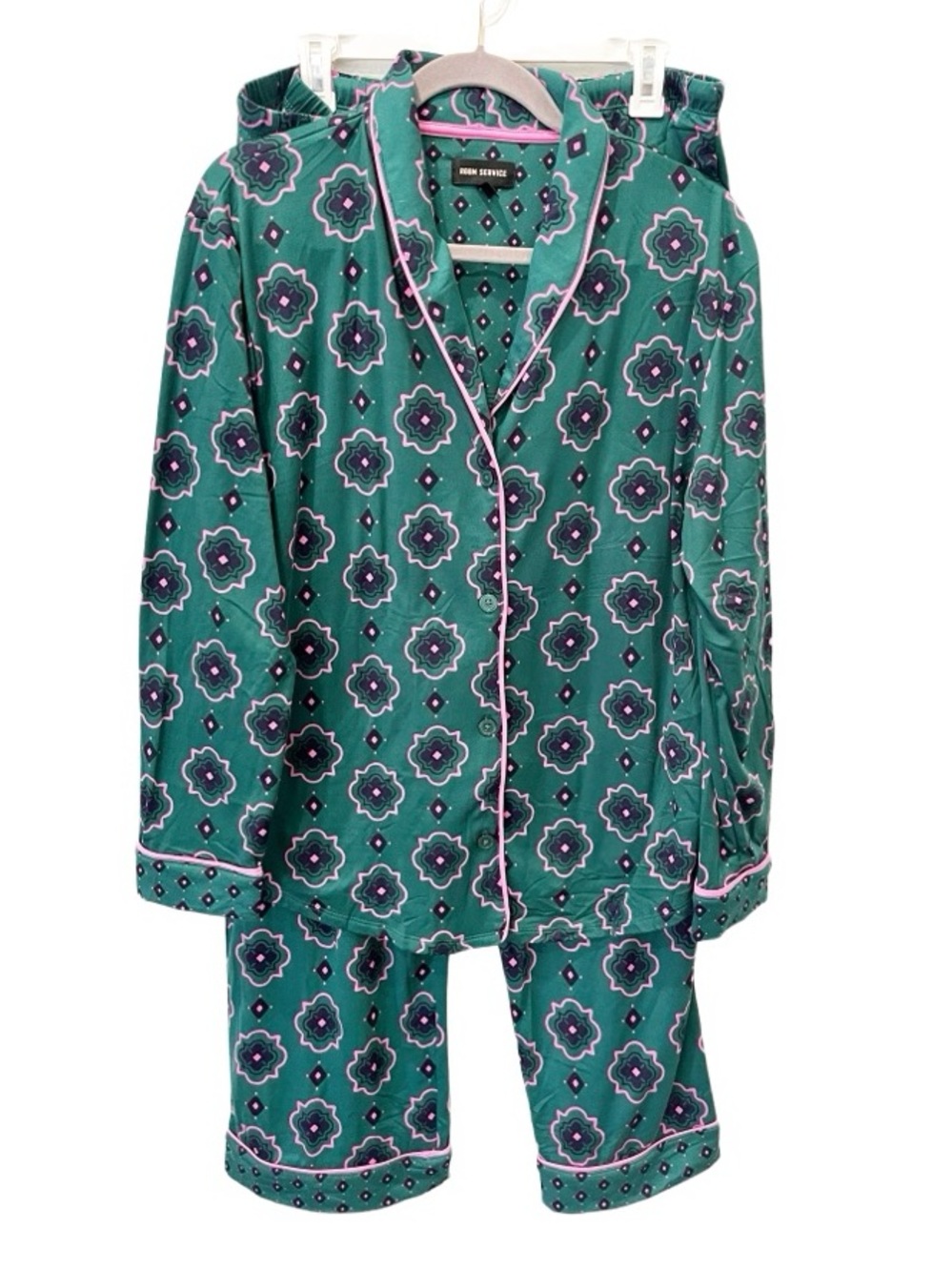 Room Service Pajama Set Women's XXL Green Pink Geometric Print Cozy Lounge Relax